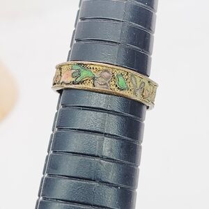 Antique Brass Floral Clover Leaf Cloisonne Band Ring Vintage Size 9